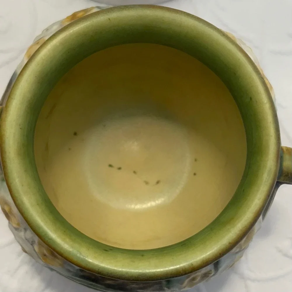Antique 1930s Roseville Pottery Jonquil Jardiniere Squat Vase Double Handled